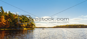 Panorama of Kejimkujik lake in fall from Jeremy Bay Campground