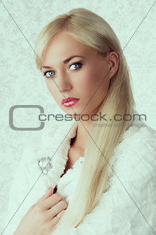 blonde girl in winter fur coat