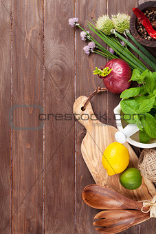 Fresh herbs and spices on garden table