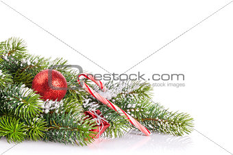 Christmas tree branch with snow and decor