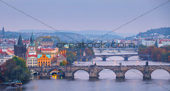 Evening over river Vltava near Charles bridge in Prague