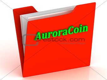 AuroraCoin- bright green letters on a gold folder 