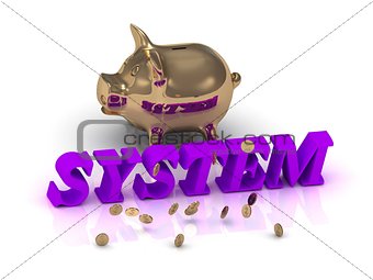 SYSTEM- inscription of green letters and gold Piggy 