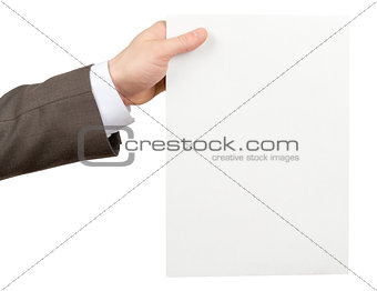 Businessman holding vertical blank paper