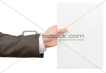 Businessman holding vertical empty paper