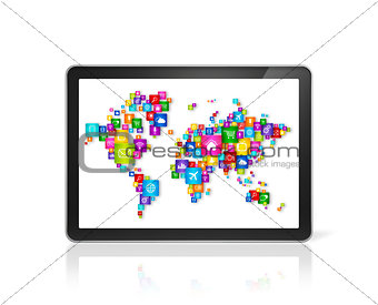 World map made of icons on digital Tablet PC. Cloud computing co