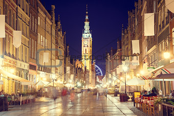 Gdansk Street with Town Hall at Night