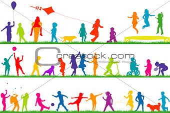 Colored children silhouettes playing outdoor