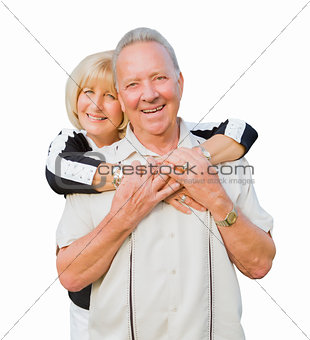 Happy Attractive Senior Couple Hugging on White Background