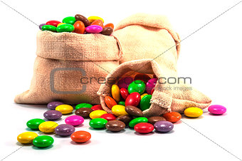 Colorful chocolate candy in mini sack bag