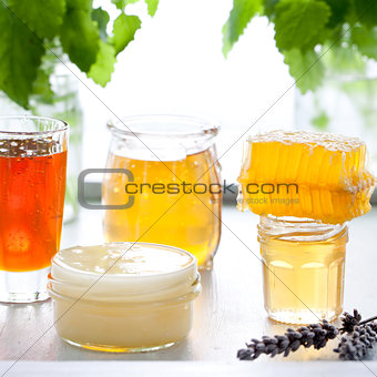 Honey variety, honeycomb in a glass jars .