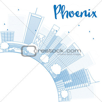 Outline Phoenix Skyline with Blue Buildings and copy space.