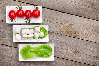 Tomatoes, mozzarella and green salad leaves