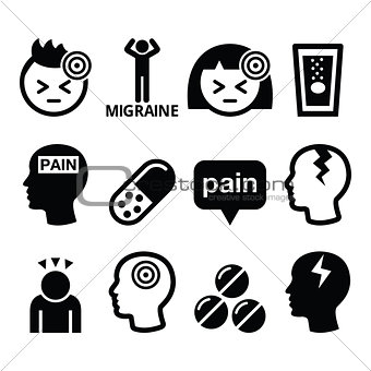 Headache, migraine - medical vector icons set