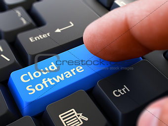 Finger Presses Blue Keyboard Button Cloud Software.