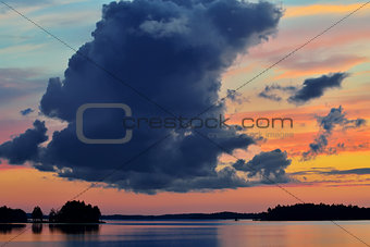 Romantic twilight on lake Pongoma. Karelia, Russia