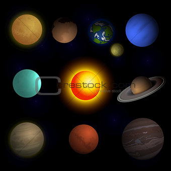 This image is a vector file representing a computer monitor display isolatedSet of realistic tablets with blank screen isolated on white backgroundVector illustration planets Solar system and sun on black space background