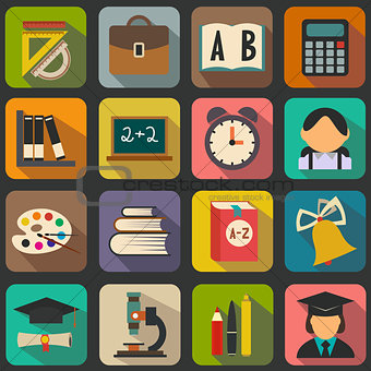 Set of flat school icons on a color background
