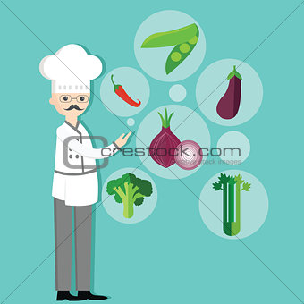 chef character cartoon with hat and vegetables vegetarian ingredients onion, peas, chili, broccoli