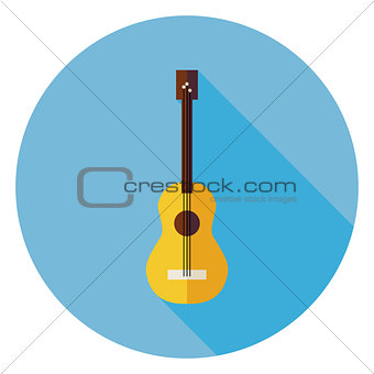 Flat Acoustic String Guitar Circle Icon with Long Shadow