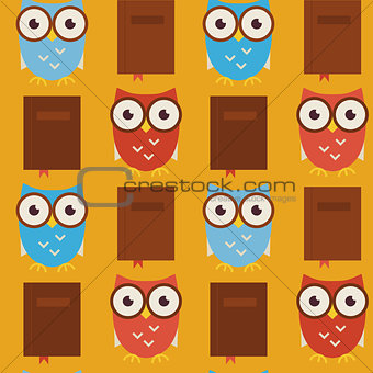 Flat Vector Seamless Pattern Wisdom and Knowledge Owls with Book