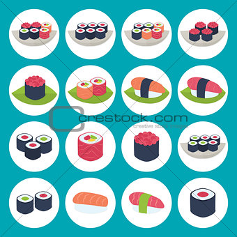 Sushi circular icon set over blue