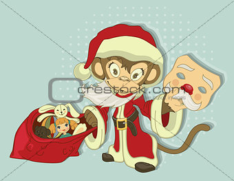 Christmas Monkey Santa with bag of gifts. Monkey symbol 2016