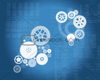 Abstract blue background with cogs and matrix