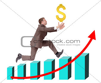 Businessman running on graph with dollar sign