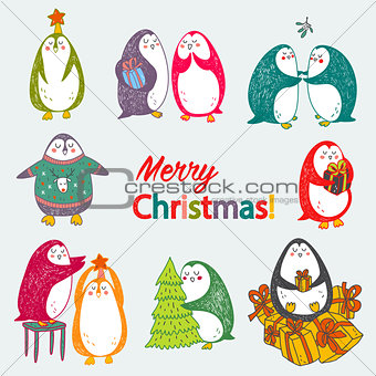vector christmas postcard with cute penguins