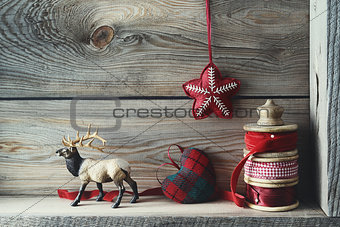 Christmas decorations on wood shelf