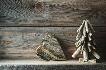 Christmas decorations on wooden shelf