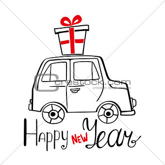 Happy New Year Card with hand drawn car and present