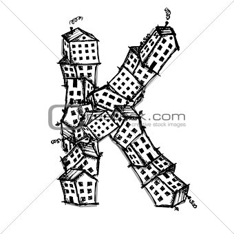 Letter K made from houses, vector alphabet design