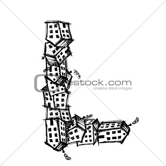 Letter L made from houses, vector alphabet design