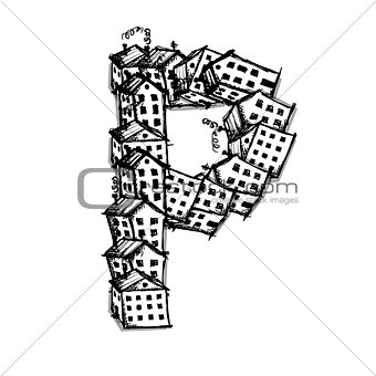 Letter P made from houses, vector alphabet design