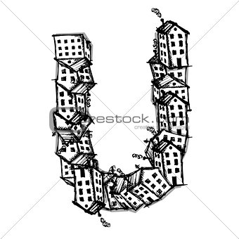 Letter U made from houses, vector alphabet design