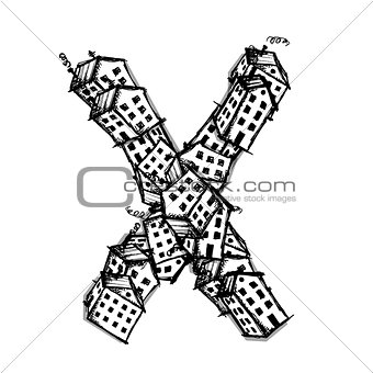 Letter X made from houses, vector alphabet design