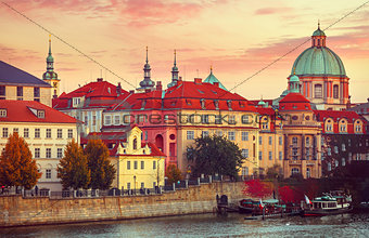 Sunset roof house old city autumn Prague