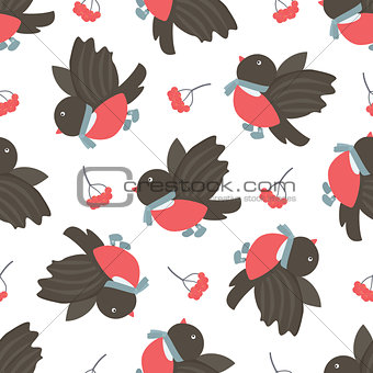 Bullfinches and rowan. Winter seamless pattern.