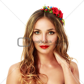 Woman with Wreath of Red Flowers. Isolated on White.