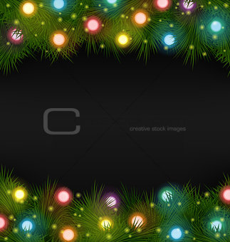 Christmas lights on pine on black