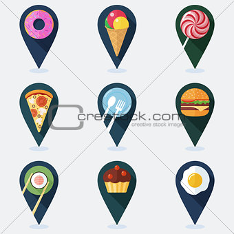 Set of colorful markers for map with food flat icons.