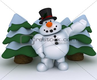 Snowman Character with christmas trees