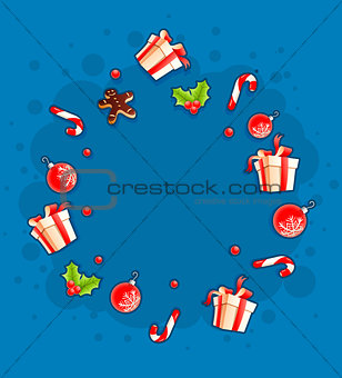 Christmas greeting card with gifts and sweets by cloud