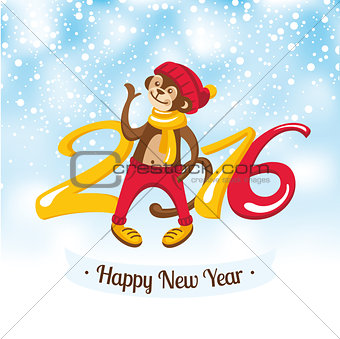 New Year greeting card with cute monkey