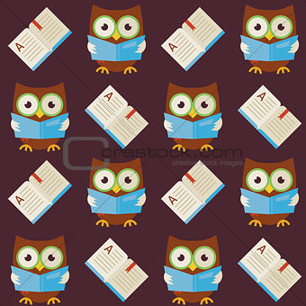 Flat Vector Seamless Pattern Wisdom Owl Reading Book