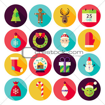 Merry Christmas New Year Circle Icons Set with long Shadow