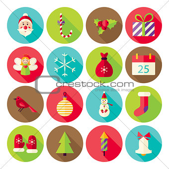 New Year Merry Christmas Circle Icons Set with long Shadow