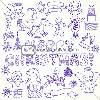 Collection of vector Christmas characters and ornaments in doodl